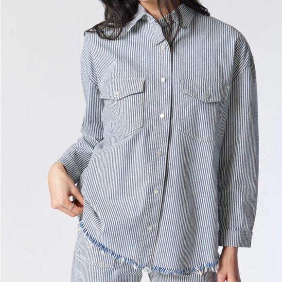 Mavi Livia Oversized Striped Raw Hem Cotton Denim Shacket Shirt - Picture 11 of 12